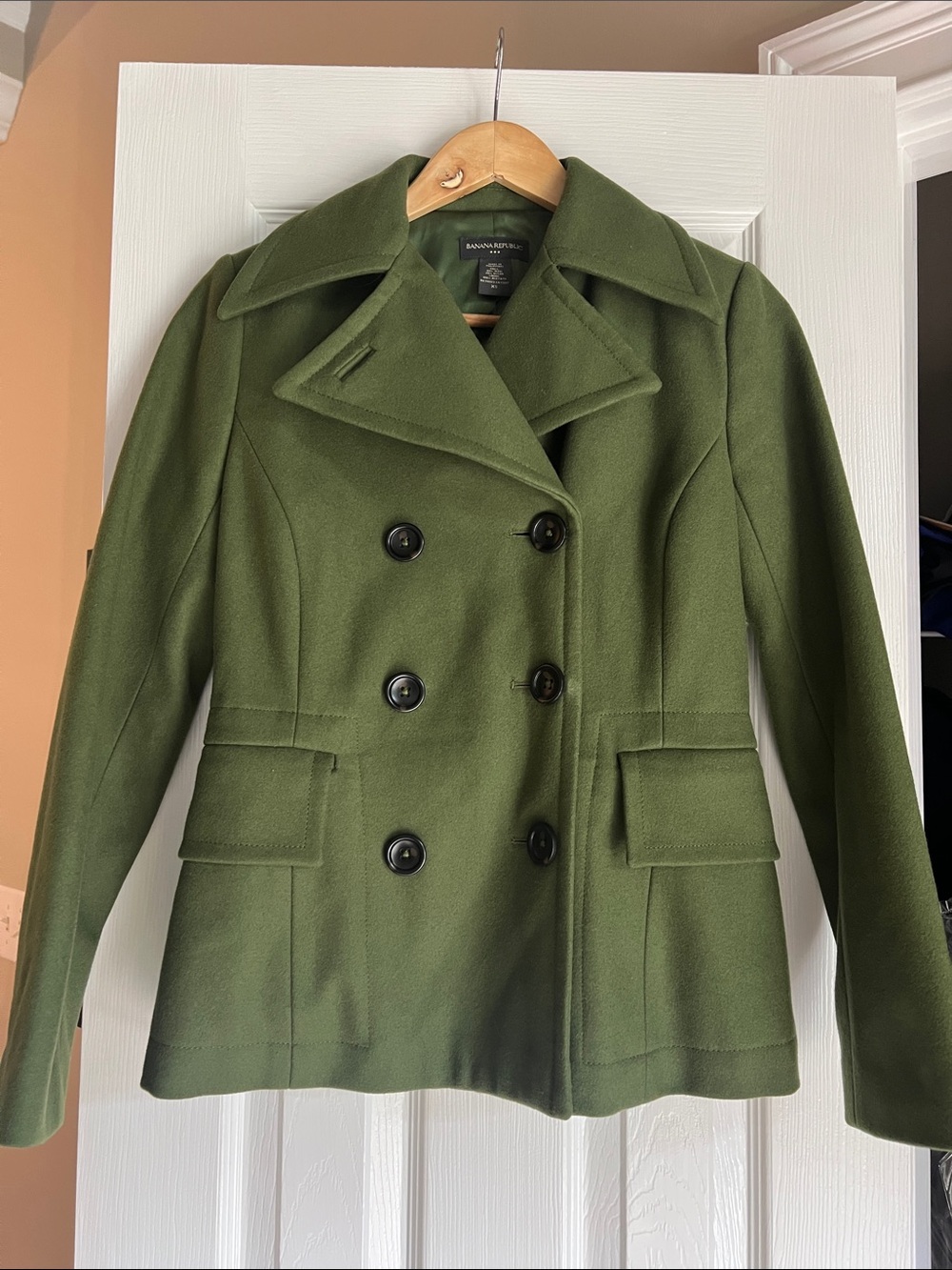 Banana Republic Olive Green Double-Breasted Wool Peacoat